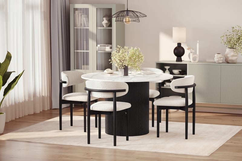Uppveda Spisebord 120 cm Rund med 4 stk Jaiveer Matstkolar - Svart/Hvit - Møbler - Bord - Spisegruppe