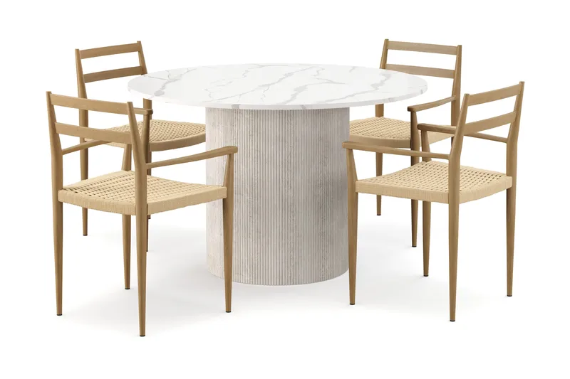 Uppveda Spisebord 120 cm Rund med 4 stk Jamna Karmstkolar, Hvit
