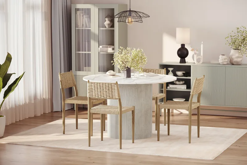 Uppveda Spisebord 120 cm Rund med 4 stk Jamna Matstkolar - Hvit - Møbler - Bord - Spisegruppe