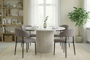 Uppveda Spisebord 120 cm Rundt Hvit med 4 Sawako Greige Stoler - Hvit/Greige - Møbler - Bord - Spisegruppe