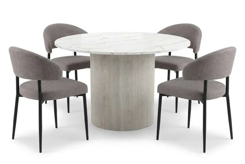 Uppveda Spisebord 120 cm Rundt Hvit med 4 Sawako Greige Stoler, Hvit/Greige