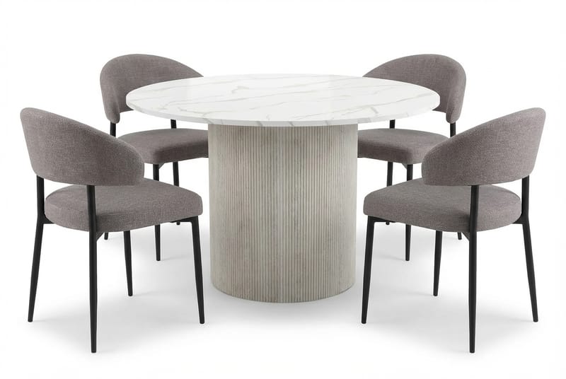 Uppveda Spisebord 120 cm Rundt Hvit med 4 Sawako Greige Stoler, Hvit/Greige