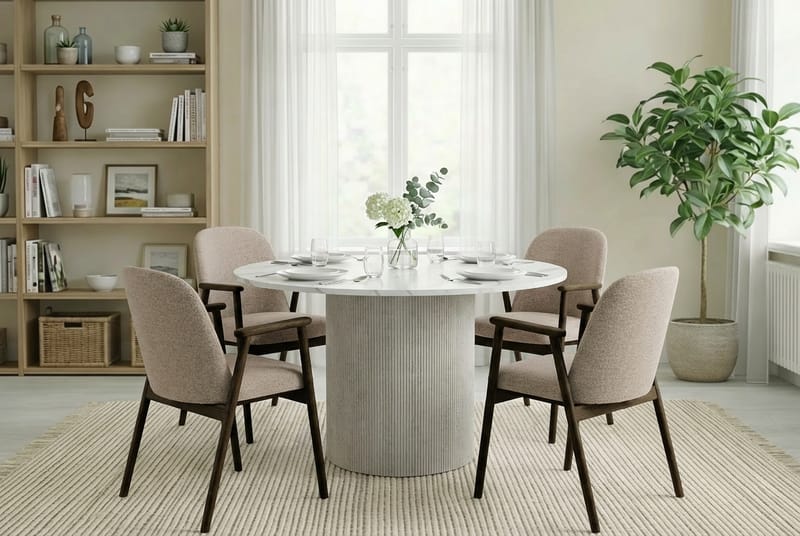 Uppveda Spisebord 120 cm Rundt Hvitt med 4 Reciclar Spisestoler - Hvit/Greige - Møbler - Bord - Spisegruppe