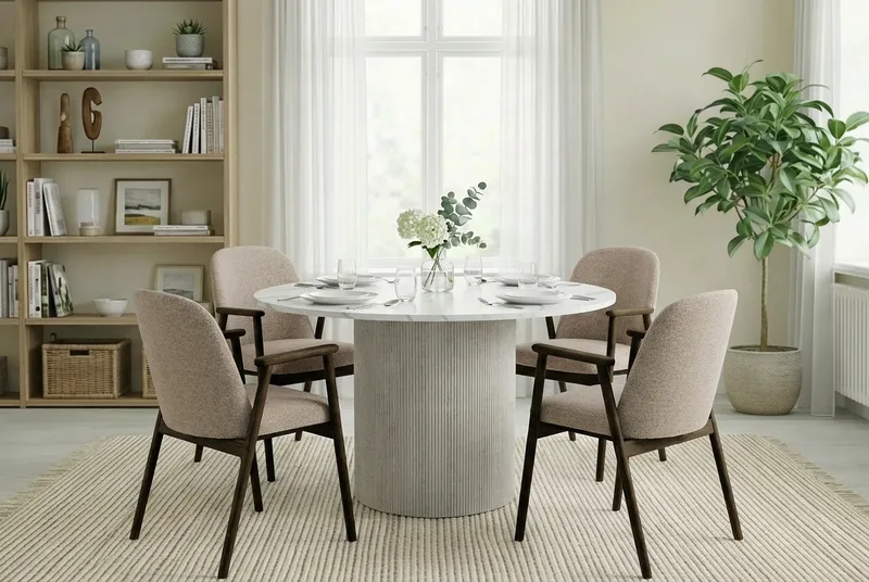 Uppveda Spisebord 120 cm Rundt Hvitt med 4 Reciclar Spisestoler - Hvit/Greige - Møbler - Bord - Spisegruppe