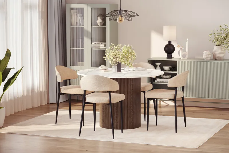 Uppveda spisebord 120 cm rundt med 4 stk. Jairam spisestoler - Brun - Møbler - Bord - Spisegruppe