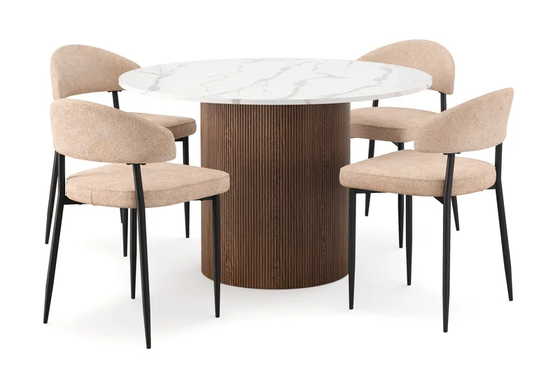 Uppveda spisebord 120 cm rundt med 4 stk. Jairam spisestoler, Brun