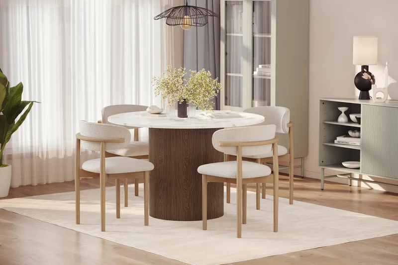 Uppveda spisebord 120 cm rundt med 4 stk. Jaiveer spisestoler - Brun - Møbler - Bord - Spisegruppe