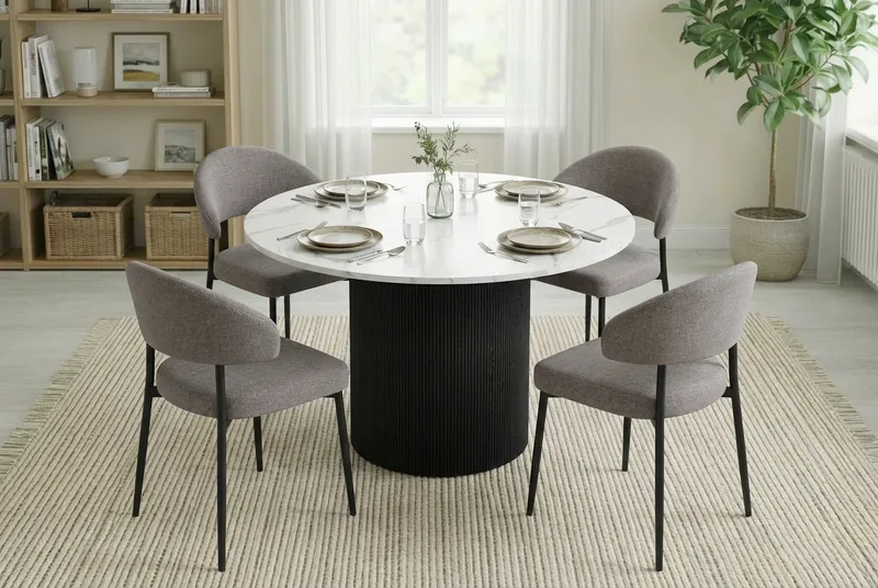 Uppveda Spisebord 120 cm Rundt Svart med 4 Sawako Greige Stoler - Svart/Hvit/Greige - Møbler - Bord - Spisegruppe