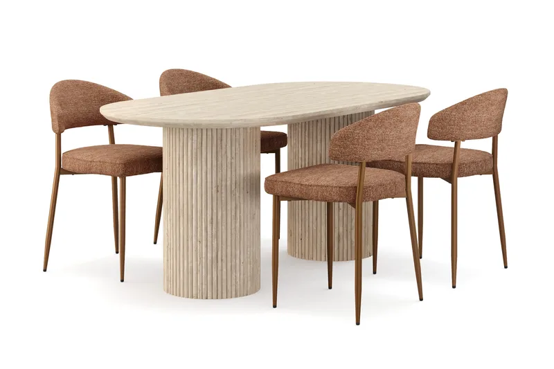 Uppveda Spisebord med travertin-look med 4 stk Jairam Spisestoler, Beige