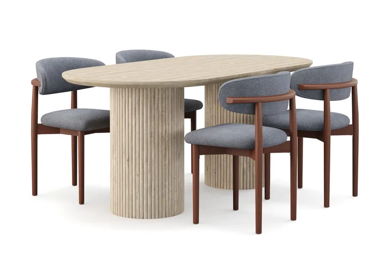 Uppveda Spisebord med travertin-look med 4 stk Jaiveer Spisestoler, Beige