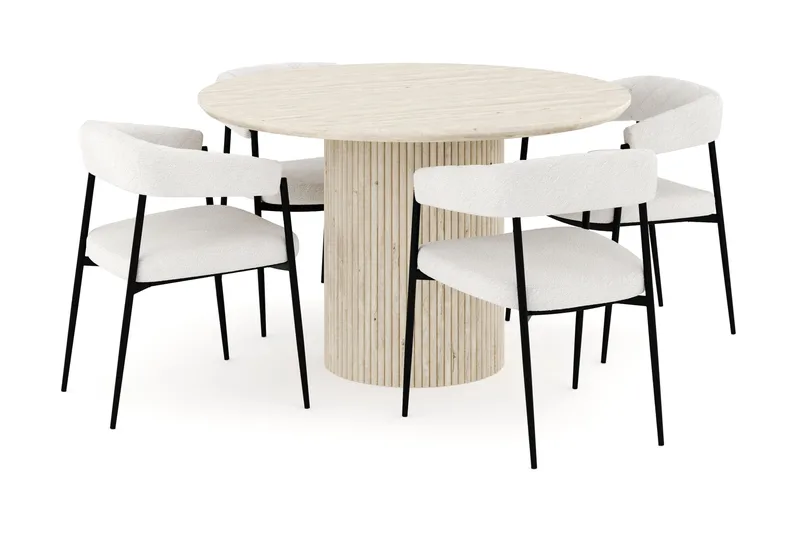 Uppveda Spisegruppe 120 cm Rund med 4 Ayana Spisestoler, Travertin
