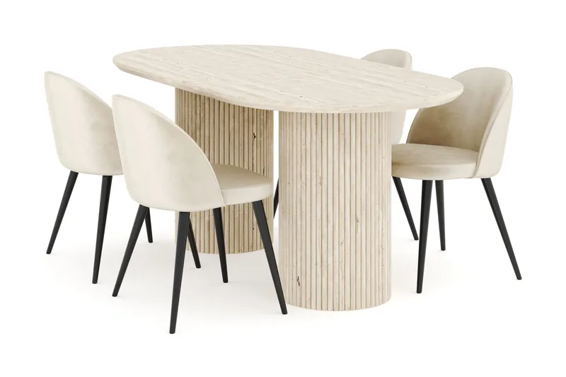 Uppveda Spisegruppe 180 cm Oval med 4 Valeri Fløyelsstoler, Travertin