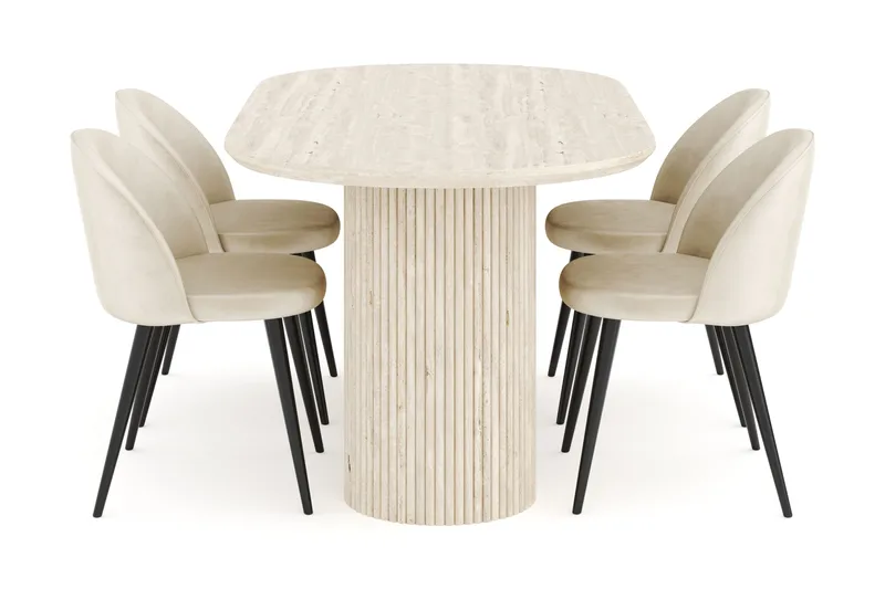 Uppveda Spisegruppe 180 cm Oval med 4 Valeri Fløyelsstoler - Travertin - Møbler - Bord - Spisegruppe