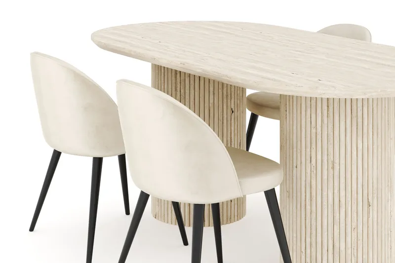 Uppveda Spisegruppe 180 cm Oval med 4 Valeri Fløyelsstoler - Travertin - Møbler - Bord - Spisegruppe
