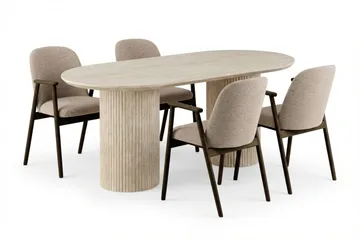 Uppveda Spisegruppe 180 cm Oval Travertin med 4 Reciclar Spisestoler - Travertin/Greige - Møbler - Bord - Spisegruppe