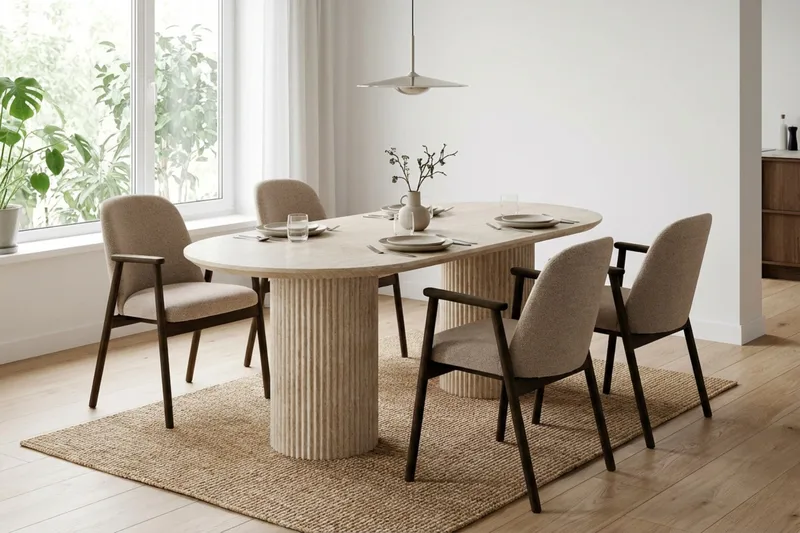 Uppveda Spisegruppe 180 cm Oval Travertin med 4 Reciclar Spisestoler - Travertin/Greige - Møbler - Bord - Spisegruppe