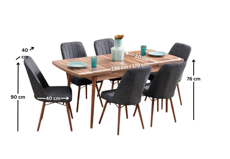 Uttrekkbart spisebord- og stolsett (7 deler) Homitis Lidyana (130 x 76 x 80 cm) Antrasitt - Antrasitt - Møbler - Bord - Spisegruppe