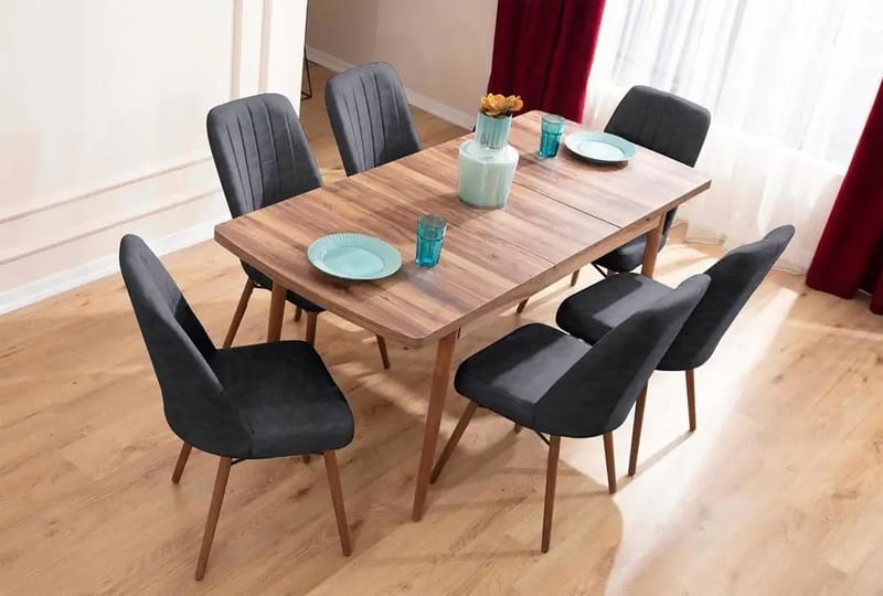 Uttrekkbart spisebord- og stolsett (7 deler) Homitis Lidyana (130 x 76 x 80 cm) Antrasitt - Møbler - Bord - Spisegruppe