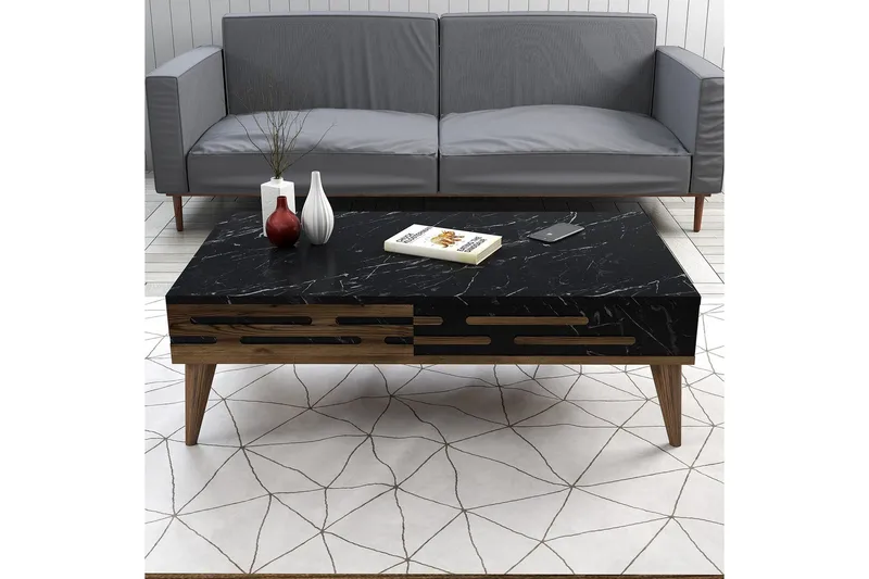 Valensiya Sofabord 105 cm - Valnøtt/Svart/Marmor - Møbler - Bord - Sofabord & salongbord