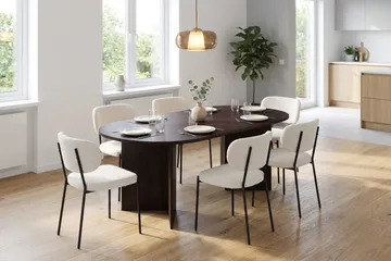 Vera Rektangulær Spisegruppe 180 cm – Spisebord i Træ med Røget Egeudseende og 6 Polstrede Gemmiano Spisestole - Brun|Hvit - Møbler - Bord - Spisegruppe