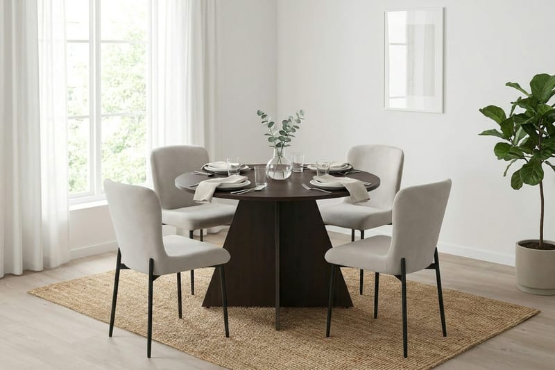 Vera Rund Spisegruppe 110 cm – Spisebord med 4 Elsie Spisestoler med Tre- og Røkt Eik-utseende - Mørkebrun|Beige - Møbler - Bord - Spisegruppe