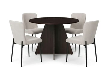 Vera Rund Spisegruppe 110 cm – Spisebord med 4 Elsie Spisestoler med Tre- og Røkt Eik-utseende - Mørkebrun|Beige - Møbler - Bord - Spisegruppe