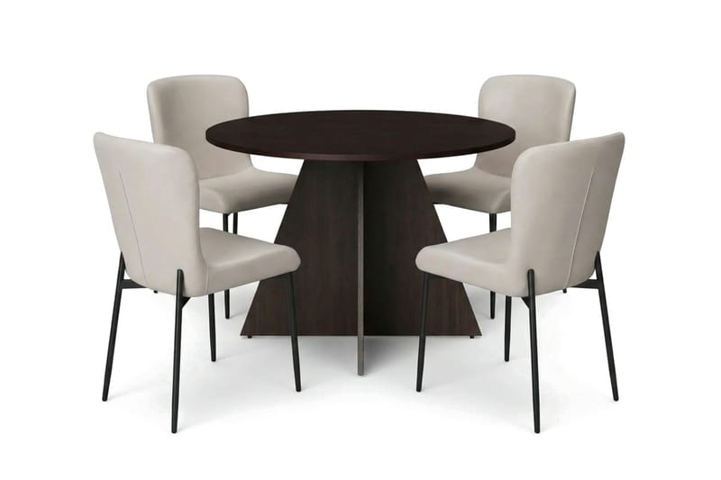 Vera Rund Spisegruppe 110 cm – Spisebord med 4 Elsie Spisestoler med Tre- og Røkt Eik-utseende - Mørkebrun|Beige - Møbler - Bord - Spisegruppe