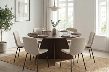 Vera Rund Spisegruppe 150 cm – Spisebord med 6 Katy Spisestoler med Tre- og Valnøttutseende - Brun - Møbler - Bord - Spisegruppe