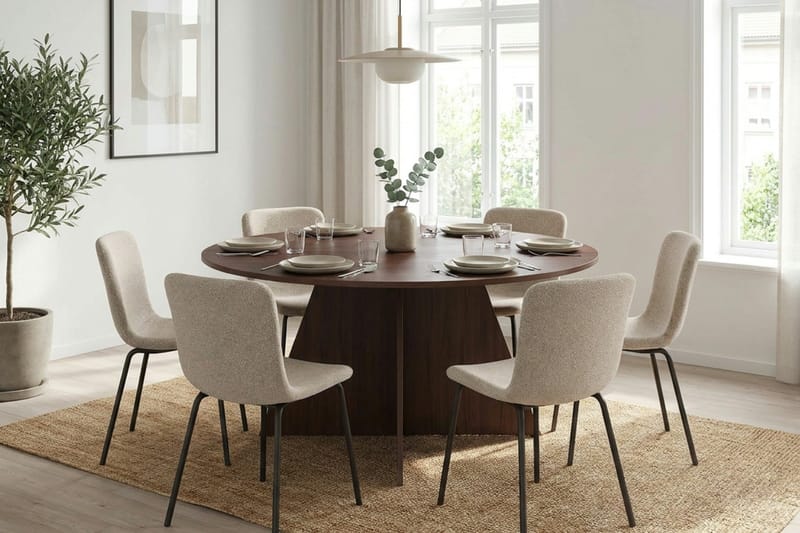 Vera Rund Spisegruppe 150 cm – Spisebord med 6 Katy Spisestoler med Tre- og Valnøttutseende - Brun - Møbler - Bord - Spisegruppe
