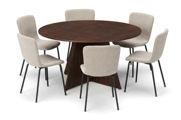 Vera Rund Spisegruppe 150 cm – Spisebord med 6 Katy Spisestoler med Tre- og Valnøttutseende - Brun - Møbler - Bord - Spisegruppe