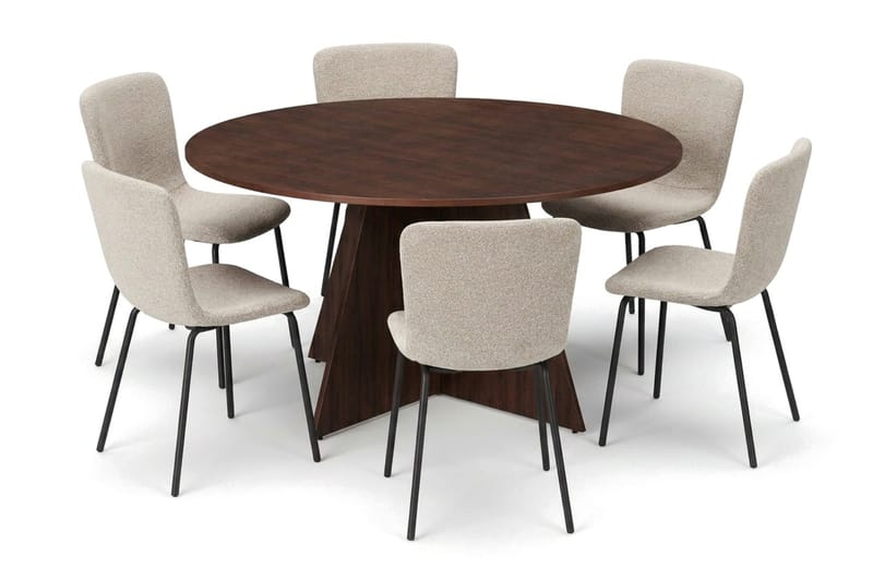 Vera Rund Spisegruppe 150 cm – Spisebord med 6 Katy Spisestoler med Tre- og Valnøttutseende - Brun - Møbler - Bord - Spisegruppe