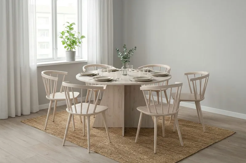 Vera Rundt Spisebord 130 cm med Tre- og Hvitlasert Eik-utseende - Hvitbeiset eik - Møbler - Bord - Spisebord & kjøkkenbord