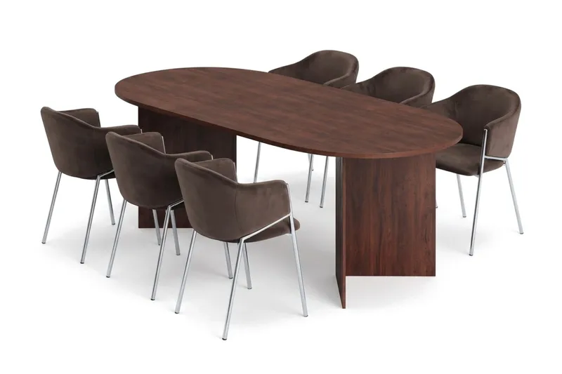 Vera spisegruppe, oval 180 cm, med 6 Filip spisestoler, Valnøtt