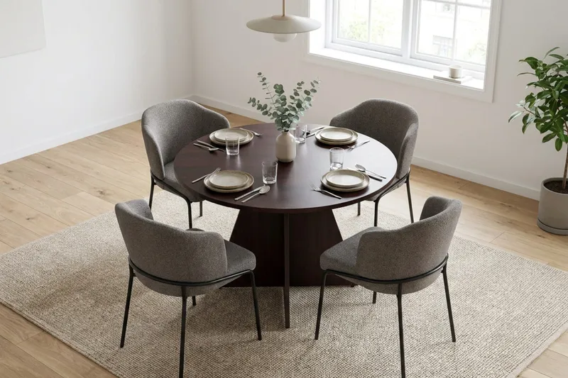 Vera spisegruppe, rund 110 cm, med 4 Filip spisestoler - Røkt eik - Møbler - Bord - Spisegruppe