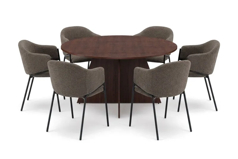 Vera spisegruppe, rund 150 cm, med 6 Filip spisestoler, Valnøtt