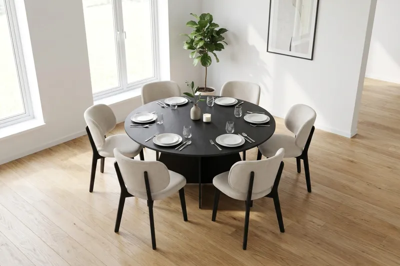 Vera Spisegruppe 150 cm rund i Svart med 6 Eira Spisestoler - Svartbeiset eik - Møbler - Bord - Spisegruppe