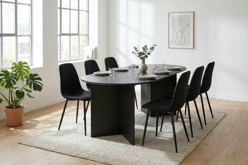 Vera spisegruppe rektangulær 180 cm svart med 6 Nibe spisestoler - Svart - Møbler - Bord - Spisegruppe