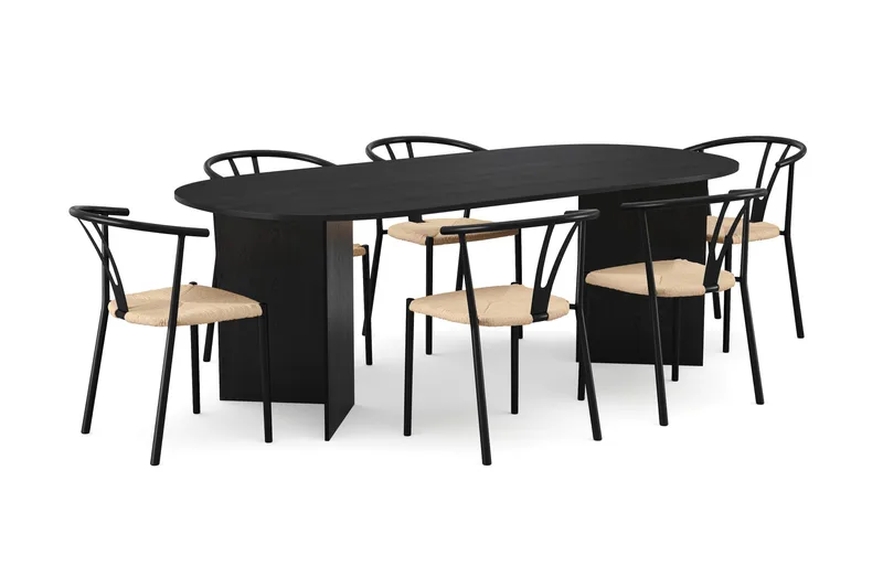 Vera spisegruppe rektangulær 220 cm svart med 6 Elysia spisestoler, Svartbeiset eik