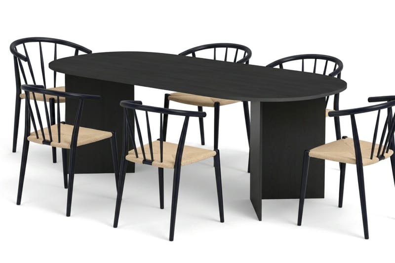 Vera spisegruppe rektangulær 220 cm svart med 6 Winston spisestoler - Svart - Møbler - Bord - Spisegruppe