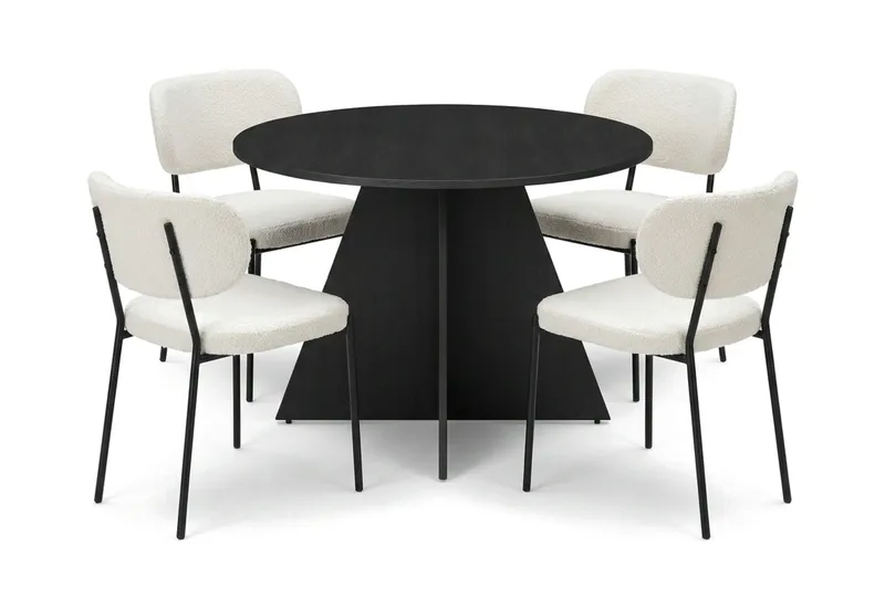 Vera spisegruppe rund 110 cm svart med 4 Gemmiano spisestoler, Svartbeiset eik