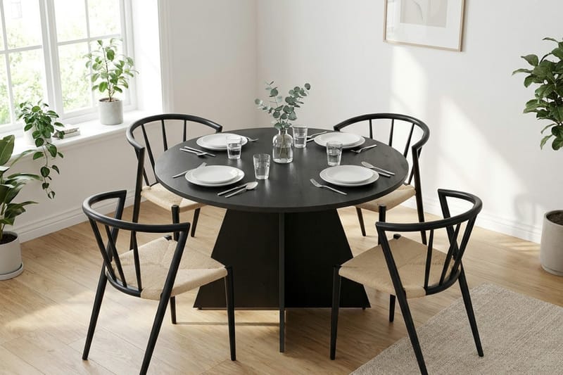 Vera spisegruppe rund 110 cm svart med 4 Winston spisestoler - Svart - Møbler - Bord - Spisegruppe
