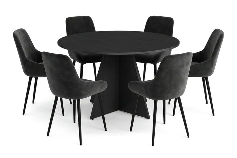 Vera spisegruppe rund 130 cm svart med 6 Alsarp spisestoler, Svart