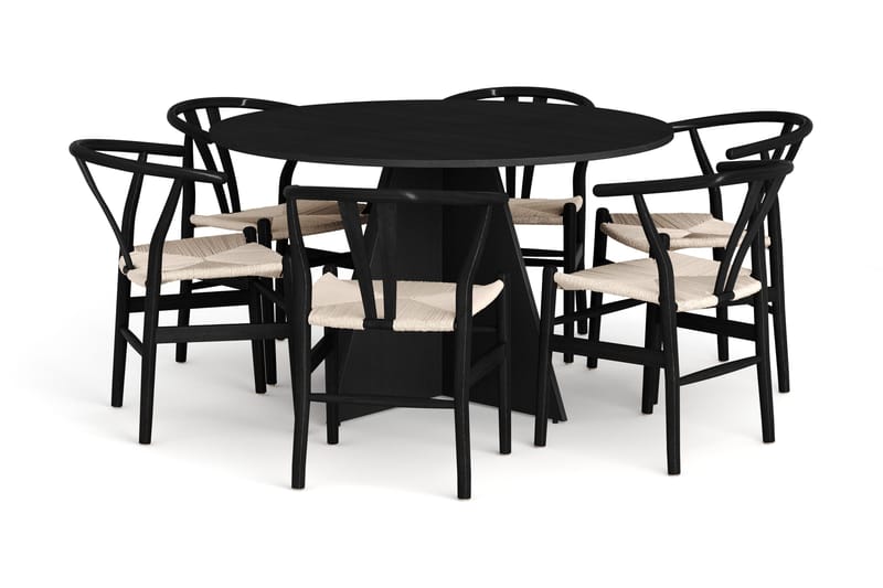 Vera spisegruppe rund 130 cm svart med 6 Dastoori spisestoler, Svart
