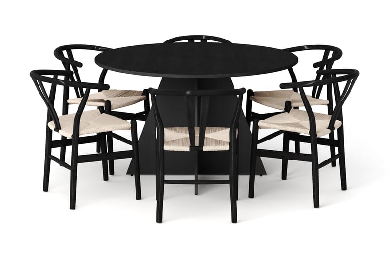 Vera spisegruppe rund 130 cm svart med 6 Dastoori spisestoler - Svart - Møbler - Bord - Spisegruppe