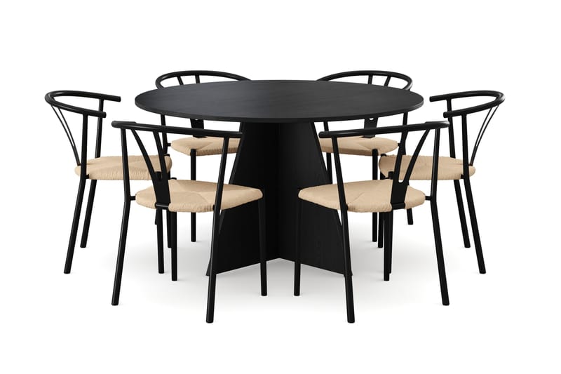 Vera spisegruppe rund 130 cm svart med 6 Elysia spisestoler - Svartbeiset eik - Møbler - Bord - Spisegruppe
