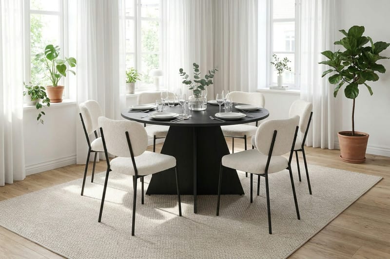 Vera spisegruppe rund 130 cm svart med 6 Gemmiano spisestoler - Svart - Møbler - Bord - Spisegruppe