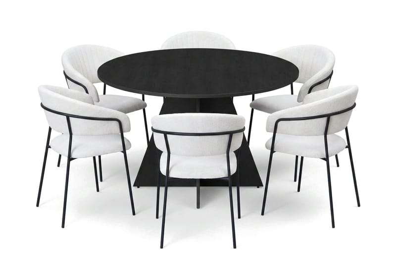 Vera spisegruppe rund 130 cm svart med 6 Karol spisestoler, Svart