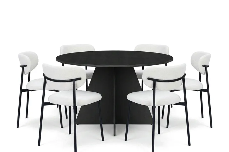 Vera spisegruppe rund 130 cm svart med 6 Lucy spisestoler, Svart
