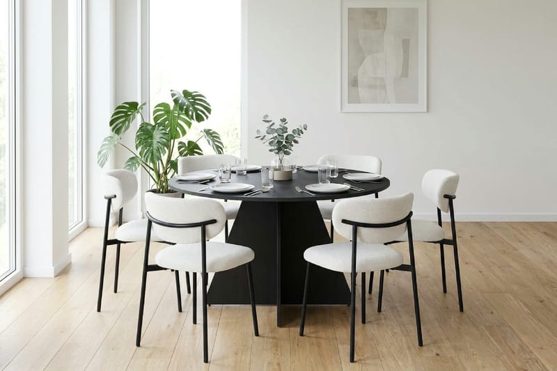 Vera spisegruppe rund 130 cm svart med 6 Lucy spisestoler - Svart - Møbler - Bord - Spisegruppe