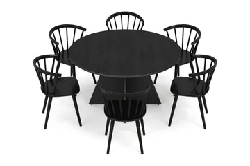 Vera spisegruppe rund 130 cm svart med 6 Tyrö spisestoler - Svart - Møbler - Bord - Spisegruppe